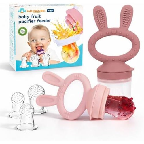 Baby Fruit Feeder Pacifier 2 Pack, Silicone Baby Food Feeder, Pink Bunny Feeder for Babies 4M+, Frozen Fruit Feeder Teething Toy, BPA Free for Fresh Fruit, Veggies & Breastmilk