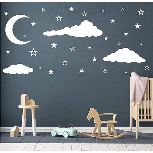 Removable Creative 3D Vinyl White Clouds Moon and Stars Wall Decals DIY Home Wall Art Decor Wall Stickers for Kids Baby Children Boy and Girls Rooms Bedroom Living Room Playroom Decoration (White)