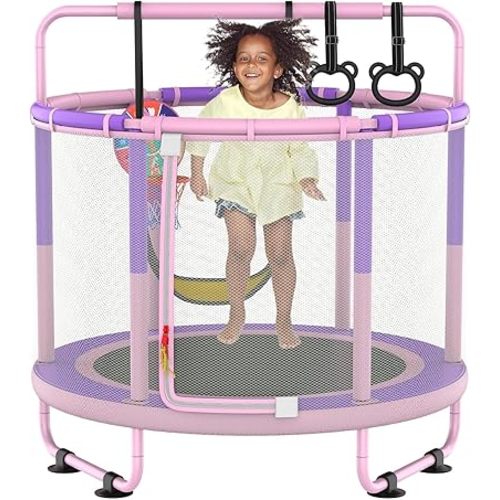 LANGXUN 60" Trampoline for Kids, 5ft Toddler Mini 6-in-1 Trampoline Indoor Outdoor with Swing, Basketball Hoop, Dart Board, Rings, Christmas Toys Birthday Gifts for Girls Boys