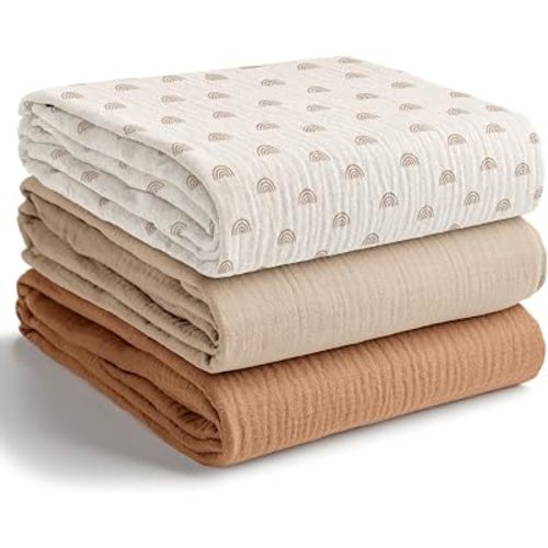 Comfy Cubs Muslin Swaddle Blankets Pack of 3 - Rainbow Pattern, Cedar, Sand