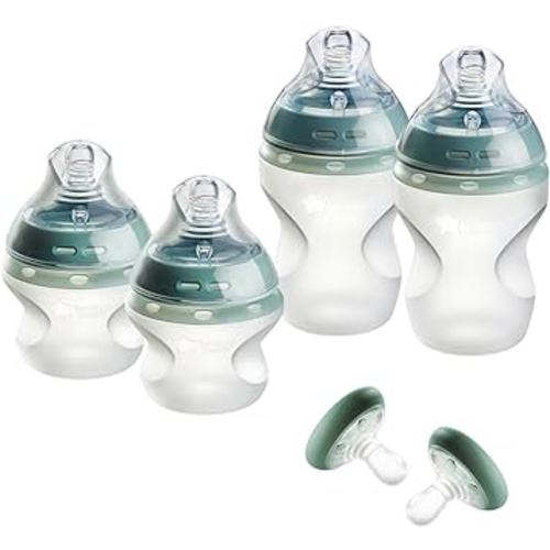 Tommee Tippee Natural Start 6 Piece Silicone BPA Free Baby Bottle & Pacifier Set, Includes 2 x 5oz and 2 x 9oz Bottles and 2 x Pacifiers, Newborn 0+ Months, Slow Flow Breast-Like Nipple, Pack of 6