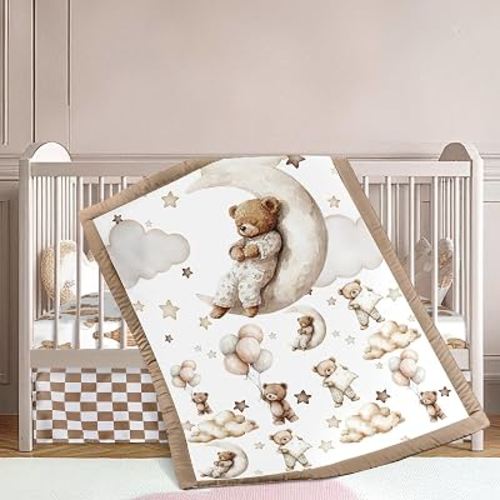 Hosuly 3 Pcs Bear Crib Bedding Set Nursery,Brown,Teddy Bear | Includes Quilt Fitted Sheet Skirt, for Boy Girl, Unisex Baby Nursery Room Set Standard Infant Bed