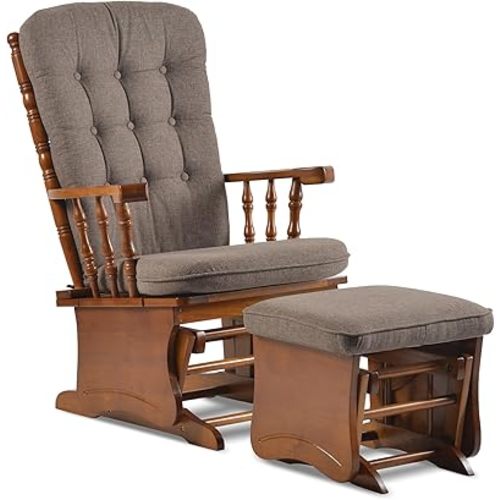 Glider Rocker Nursery Chair with Ottoman Smooth Rocking Action Rustic Nursery Glider Rocker with Upholstery, Smooth Rocking Indoor Living Room Nursing Naptime Reading (Yellowish Brown)