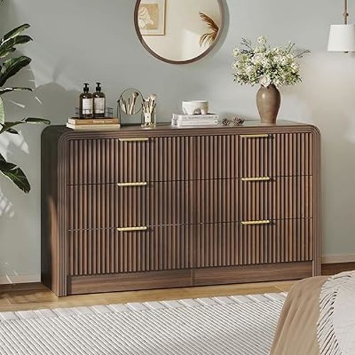 Decofy 55" W Fluted 6-Drawer Dresser for Bedroom, Walnut