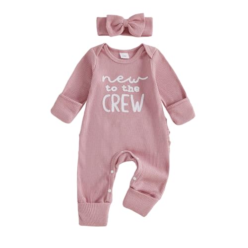 FIOMVA Im New Here Newborn Outfit Girl Long Sleeve Letter Romper Ribbed Knit Jumpsuit Baby Girl Preemie Coming Home Outfit