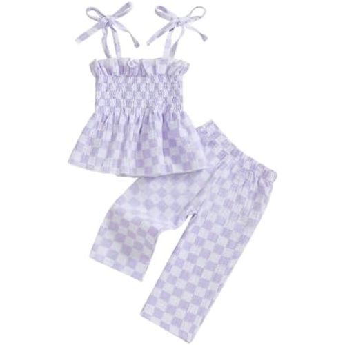 Little Girl Summer 2 Piece Outfits Plaid Print Sleeveless Cami Top Elastic Waist Pants Set Toddler Clothes