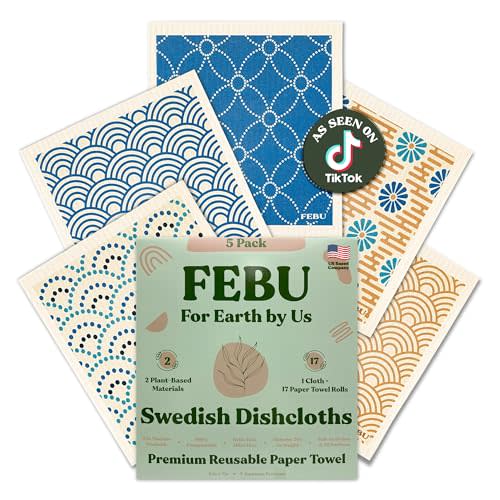 FEBU Swedish Dishcloths for Kitchen | 5 Pack Japanese Reusable Paper Towels Washable | Swedish Dish Towels | Non-Scratch Cellulose Sponge Cloths | No Odor, Biodegradable Cleaning Cloths