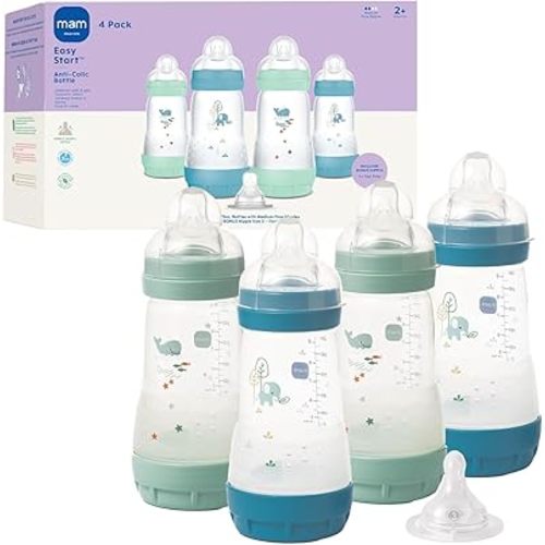 MAM 9oz Easy Start Anti-Colic+ Wide Neck Baby Bottle, Medium Flow Breastfeeding-Like Nipple, Reduces Colic Gas & Reflux, Easy To Clean, BPA Free, 2+ Months, Made In Europe, Bonus Fast Flow Nipple