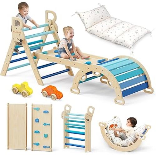 Pikler Triangle Set with Cushion, Wooden Climbing Toys for Toddler