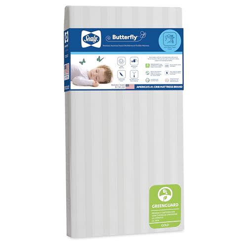Sealy Baby Butterfly Crib Mattress plus Toddler Bed Fit, Premium American Foam, Washable Easy to Clean Zip Off Cover, GREENGUARD Gold Certified, Safety & Quality Tested, Made in USA, 52"X28" - Stripes