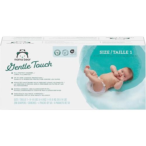 Amazon Brand - Mama Bear Gentle Touch Baby Diapers, Size 1, Leak Protection, Wetness Indicator, Umbilical Cord Cutout, 200 Count (4 packs of 50)