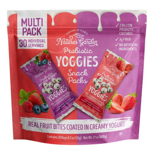 Probiotic Yoggies Multi Pack, 21oz (Strawberry Yoggies 15x0.7 oz +Mixed Berry Yoggies 15x0.7 oz), Strawberry and Mixed Berry Yogurt Covered Snack, High Fiber, Real Fruit Pieces, No Artificial Ingredients, Healthy Snack for Adults
