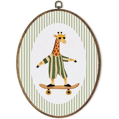 laveliabel Giraffe Animal Nursery Oval Canvas Art Wall Decor, Kids Framed Canvas Prints, Sage Green Striped Giraffe Skateboarding Oval Hanging Wall Decor for Kids Boys Bedroom Room, 8.5x11.5 Inches