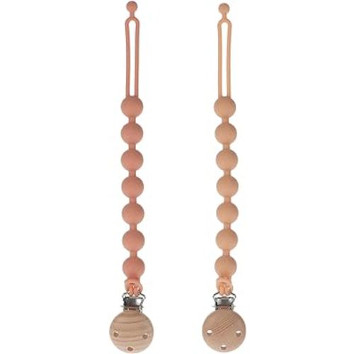 Dirbabi Silicone Pacifier Clips for Baby, 2-in-1 One Piece Design Pacifier Holder & Teething Ring Toy, BPA Free, 2 Pack (Muted+Apricot)