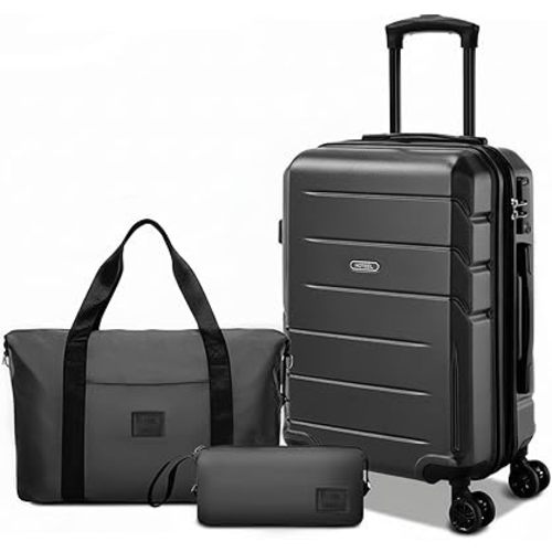 Hoteel Luggage Sets 3 Piece Expandable (4-YEARS WARRANTY) ABS+PC Hardshell Carry On Luggage Airline, Carry on Suitcase with Spinner Wheels & TSA Lock for Travel, Business, Black (20in/DB/TB)