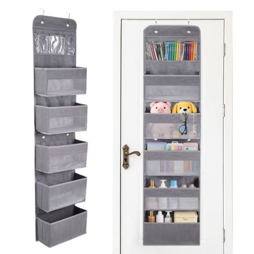 Over The Door Organizer, 6-Tier Detachable Hanging Storage with 5 Large & 3 PVC Pockets, for Dorm Bathroom Bedroom, Grey