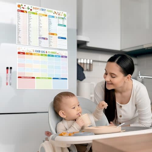 2 Pack Baby First Foods Checklist, 14x10"Baby Food Chart with 2 Dry Erase Markers, Magnetic Baby's Food Checklist & Daily Food Log Meal Planner, Baby’s First 100 Foods Tracker Magnet for Fridge