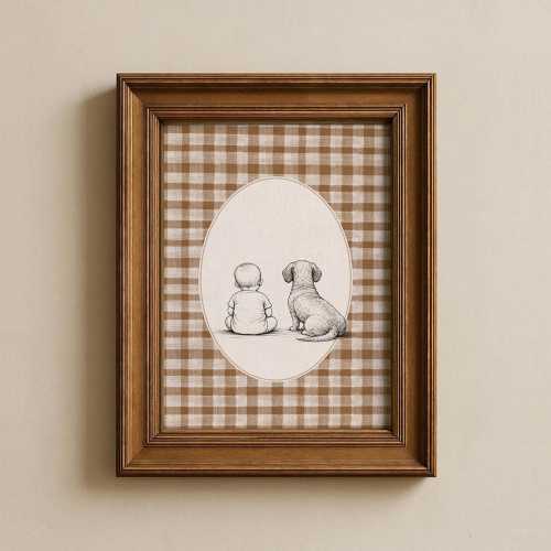 Baby and Dog Nursery Art, Neutral Gingham Dachshund Poster