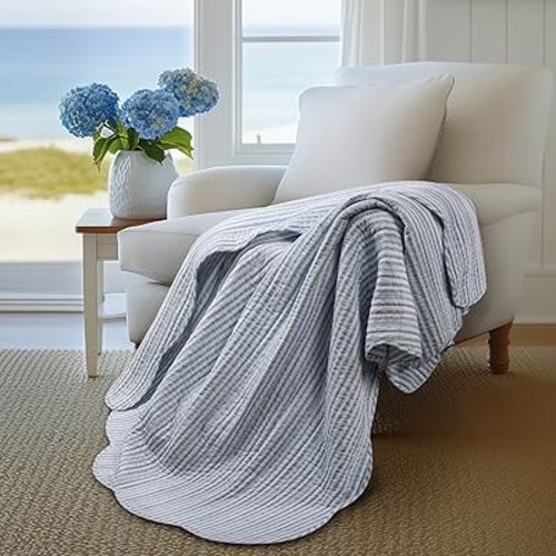 Levtex Home - Martha Stripe - Throw - Stripe - Blue White - Quilted Throw (50x60in.) - Cotton