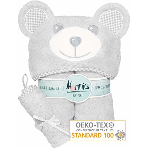 Organic Baby Hooded Towel and Washcloth Set - Premium Bamboo Hooded Bath Towel with Cute Ears - Soft, Large Baby Towel with Hood for Infant, Toddler - Unisex for Boy or Girl - Grey Bear - Silky Grey Bear
