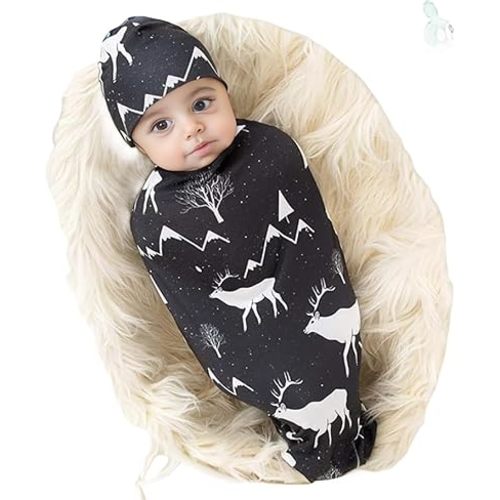 Galabloomer Newborn Swaddle Blanket with Beanie Set Baby Boy Receiving Blanket Gray Arrow