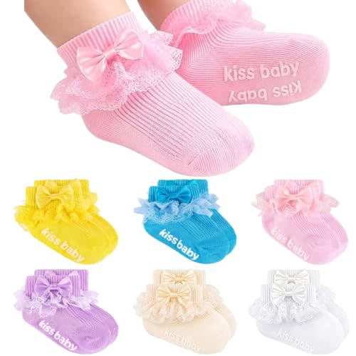 Baby Girl Ruffle Socks with Grips, Cotton Bowknot Lace Dress Socks | Stretchy Fit in 0-6M 6-12M 1-3Y for Newborn Infant Toddler, Anti-Slip Soles Ensure Safety, Ideal Party Outfits & Shower Gifts