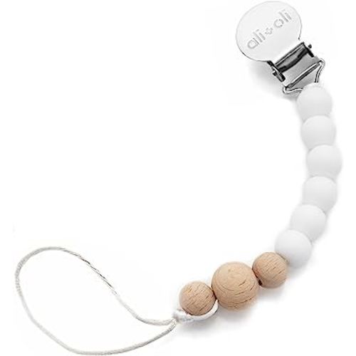 Ali+Oli Silicone Pacifier Clip for Baby (White Wood) 100% Food-Grade BPA Free Newborn Pacifier Holder Infant Binky Clip for Baby Boy or Girl