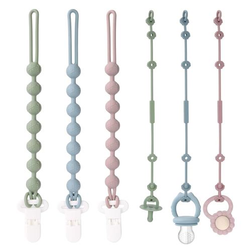 Socub 3 Pack Silicone Pacifier Clips & 3 Pack Silicone Toy Safety Straps Combo, Baby Pacifier Holder with One-Piece Design for Baby Boys and Girls, Soft Flexible Adjustable Toy Strap for Baby