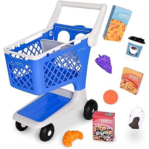 Let's Go Shopping Pretend Scan & Sort Shopping Cart, Sturdy Plastic, Includes Pretend Food, Blue Shopping Cart for Kids Age 2+