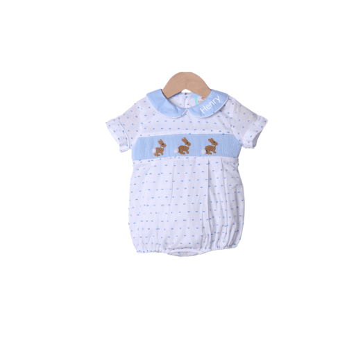 Smocked Blue Swiss Dot Bunny Bubble