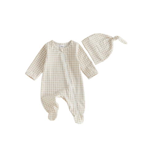 Cjfdfy Newborn Baby Boy Girl Fall Footed Romper Long Sleeve Checkered Zip Up Footed Romper And Hat Baby Announcement Footed Bodysuit Infant Cute Coming Home Fall Winter Outfit 0-6M