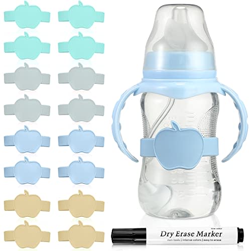 Fuutreo 16 Pcs Baby Bottle Labels for Daycare Labels Reusable Waterproof Silicone Name Bands Writable Baby Bottle Name Tags Essentials with Dry Erase Marker(Vintage Color)