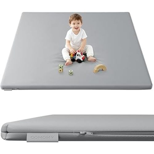 COMOMY Vegan Leather Baby Play Mats for Floor, 50 x 50 Play Mat for Playpen, Thickened High-Density Foam Playmats for Babies and Toddlers - Extra Soft and Resilient, Easy to Wipe Clean, Light Gray