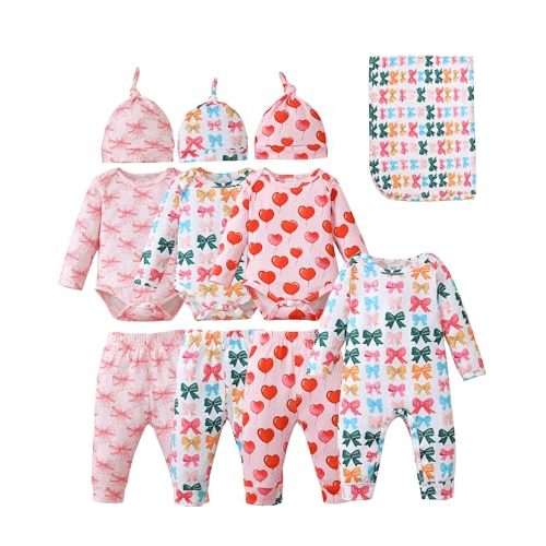 Renotemy Baby Girl Newborn Essentials Clothes 11-Piece Layette Set with Bodysuits, Pants, Hats, Blanket-Infant Gift Outfits