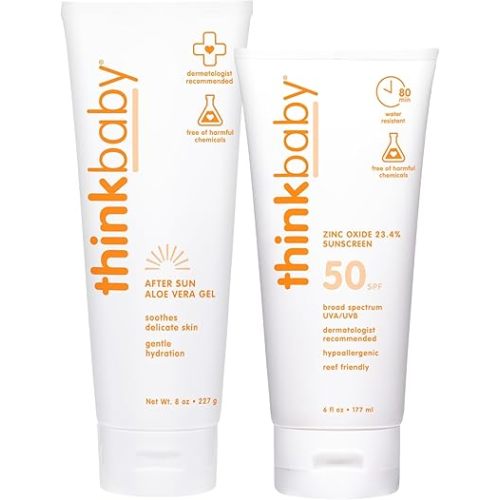 Thinkbaby Sunscreen & After Sun Bundle – 1x SPF 50+ Water Resistant Baby Sunscreen with Broad Spectrum UVA/UVB Protection (6oz) and 1x Aloe Vera After Sun Relief Gel (8oz)