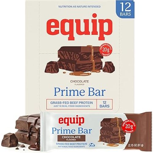 Equip Foods High Protein Prime Bars – Grass Fed Beef Protein, Collagen & Tallow – Gut Friendly, Gluten Free - 20g Protein Bars - Only Real-Food Ingredients - On-the Go Snack - Chocolate, 12 Count