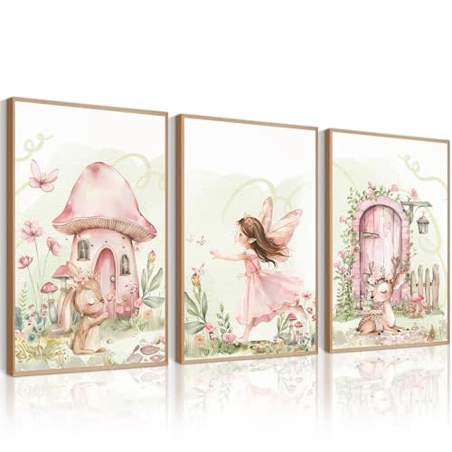 Fairy Girl Nursery Wall Art Magic Canvas Wall Decor Fairy Garden Poster Fantasy Nursery Prints Fairytale Butterfly Flower Pictures Bunny Deer Painting Artwork for Girls Bedroom 12x16x3 Inch Unframed