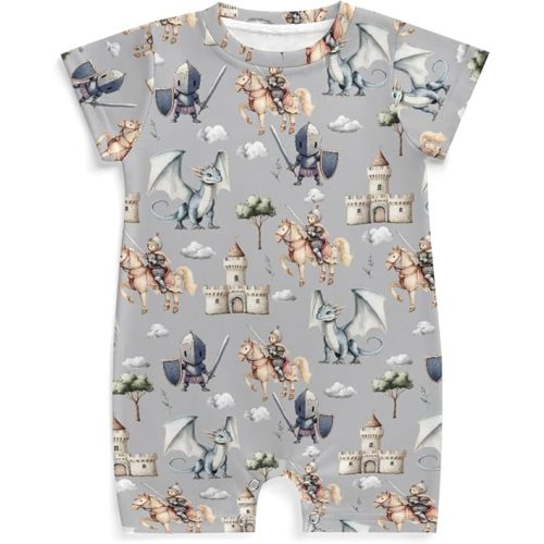 Cute Dragon Castle Knight Horse Baby Romper Fairytale Dragons Trees Leaves Cloud Summer Outfit