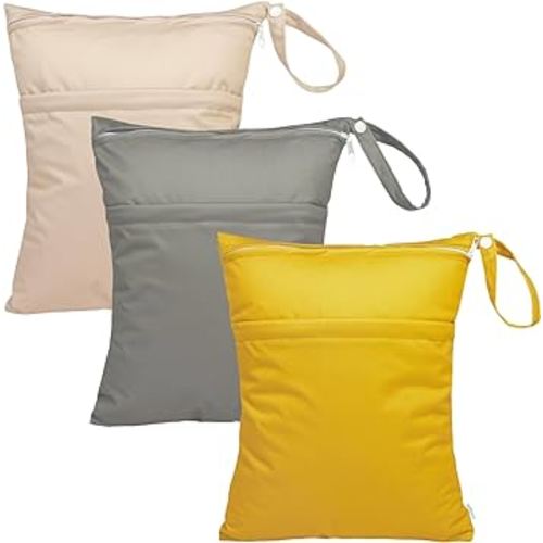 babygoal Wet Dry Bags for Baby Cloth Diapers, Washable Travel Bags, Beach, Pool, Gym Bag for Swimsuits & Wet Clothes with Two Zippered Pockets 3 Pack, 3LN24