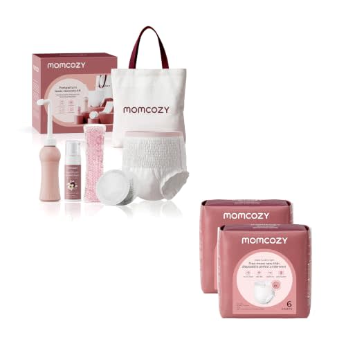 Momcozy 12pc Postpartum Recovery Kit + 2 Extra Disposable Underwear Packs | 18 Disposable Underwear, Peri Bottle, 2 Reusable Cold Pads, 20 Nursing Pads & Cooling Foam. All-in-One Hospital Bag Essential