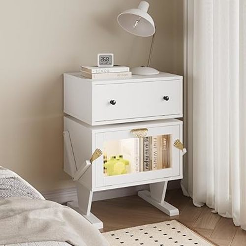 RoyalCraft Large Nightstand with LED Lights, White End Table with 360°Rotating Drawer, Modern Bedside Table with Storage, Wood Night Stand for Bedroom, Home Office, White