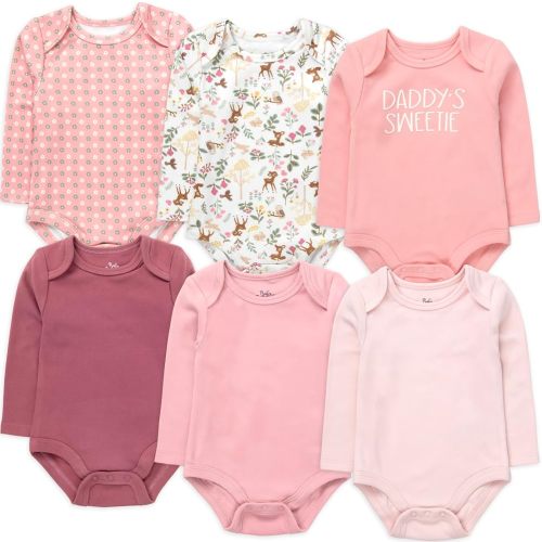 Baby Essentials 6-pack Long Sleeve Bodysuits,Solid & Printed Designs, Soft Stretch Polyester Spandex, Snap Closure