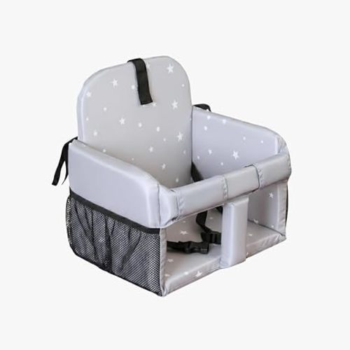 High Chair Insert & Shopping Cart Seat for Baby, Padded Sit-Up Support Cushion with Safety Buckle for Restaurant High Chairs, Grocery Carts & Swings, Foldable Portable, 4+ Months, Grey Stars