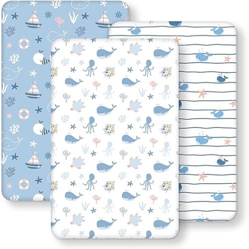 FIEMOL Baby Bedside Bassinet Sheets Fitted, 33”x20” Compatible with Baby Delight Dream On Me & Most Rectangle Bedside Sleeper Bassinet Mattresses, Super Soft Microfiber Blue Ocean Whale