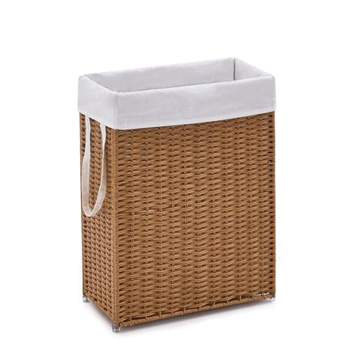 Slim Laundry Hamper, Handwoven Natural Water Hyacinth Basket | Removable Liner Bag, 2 Mesh Bags, Built-in Handles, Thin Laundry Bin for Narrow Space, Closet, Laundry, Dorm