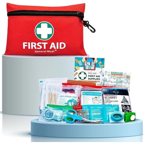 General Medi Mini First Aid Kit, 110 Piece Small First Aid Kit - Includes Emergency Foil Blanket, Scissors for Travel, Home, Office, Vehicle, Camping, Workplace & Outdoor (Red)