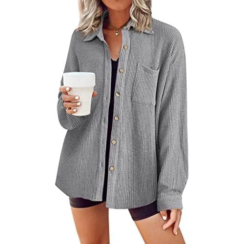 HOTOUCH Waffle Button Down Shirts for Women Dressy Casual Work Shacket V Neck Long Sleeve Lightweight Tops with Pocket
