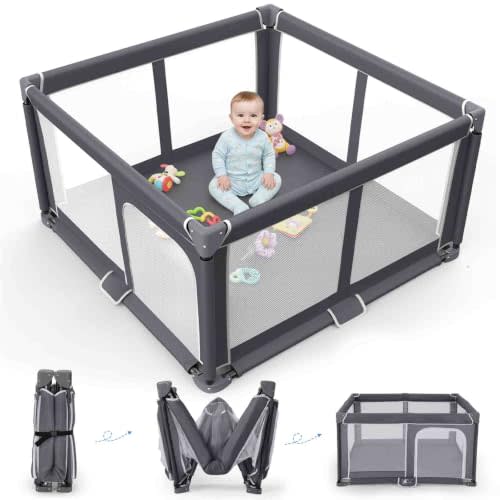Foldable Baby Playpen Portable Travel Play Yard, Dark Gray | Safety Play Yard for Babies & Toddlers, Indoor & Outdoor Use, Carry Bag Included, Collapsible, Portable，Sturdy & Secure