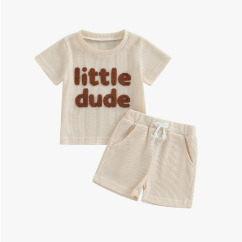 Kupretty Toddler Baby Boy Summer Clothes Embroiderey Waffle Knit Short Sleeve T-Shirt Tees + Casual Shorts Cute Clothing Set