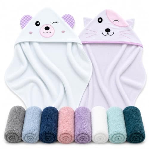 Cute Castle 2 Pack Hooded Baby Towel Rayon Made from Bamboo with 8 Washcloths - Soft Bath Towel for Bathtub for Babie, Newborn, Infant, Natural Baby Stuff Towel (Bear and Cat)